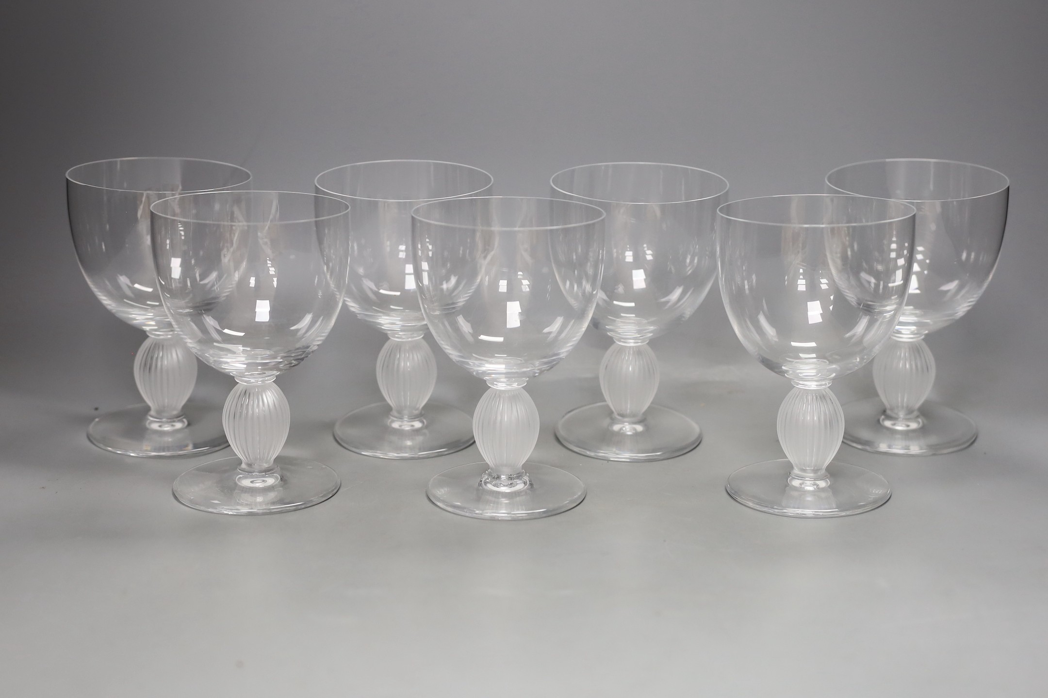 Seven Lalique Langeais no.2 water glasses with striated and frosted ball on stem - 14.5cm tall